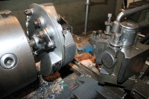 Break drum set up on lathe for reskimming 